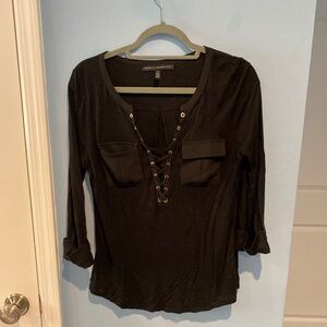 WHBM black knit top with pocket and lace-up front detail